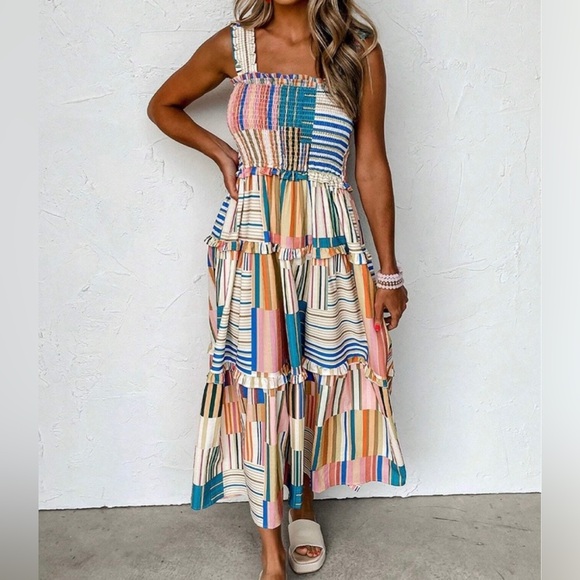 Boho color block stripes shirred bodice  cami dress - Picture 2 of 3